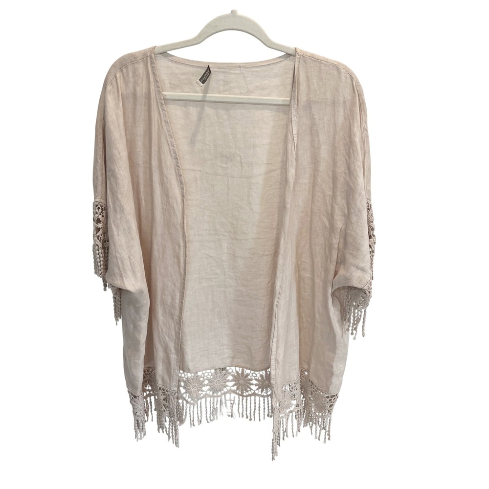 Valentina Naldi Linen Crochet Lace Kimono Cardigan Beige Made in Italy One Size